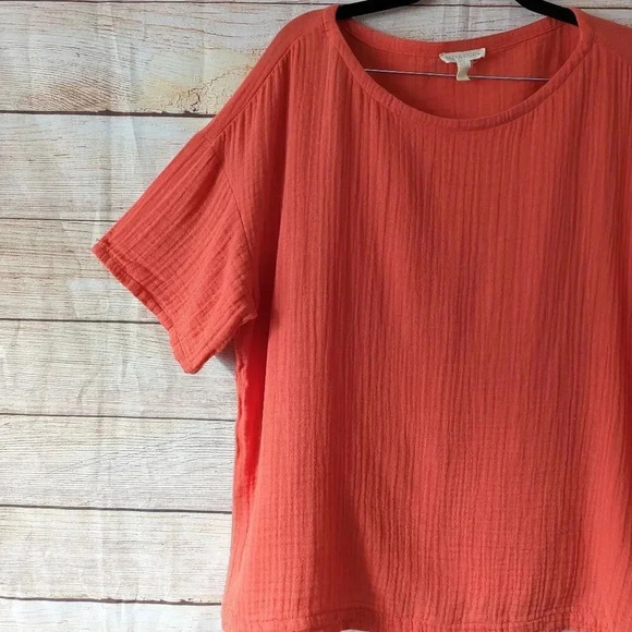 Eileen Fisher Size Large Boat Neck Boxy Blouse Organic Cotton Orange Color Gauge - Picture 5 of 10